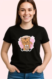 Tricou Bubble Tea Cat, din bumbac 100%, tricou negru, Dama | Barbat - Img 3