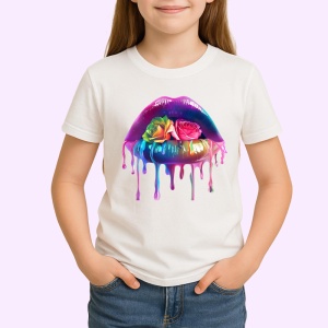 Tricou Buze cu trandafir roz si stropi mov, Lip gloss, Copii | Dama - Img 3
