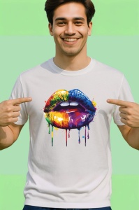 Tricou Buze curcubeu cu efecte de vopsea fundal albastru Copii | Dama | Barbat - Img 2