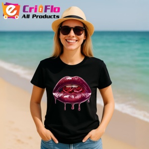 Tricou Buze femeie bordo cu trandafir rosu, Lip gloss, Copii | Dama, culoare negru - Img 5