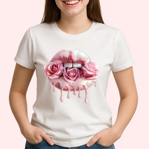 Tricou Buze femeie colorate cu trandafiri in nuante calde, Lip gloss, Copii | Dama - Img 2