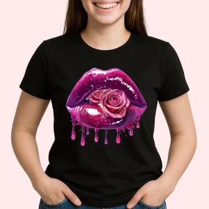 Tricou Buze femeie cu efect metalic si trandafir roz, Lip gloss, Copii | Dama, culoare negru - Img 3