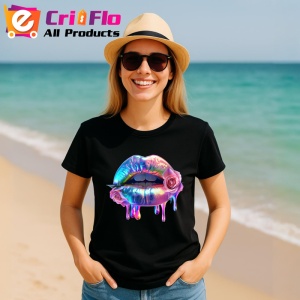 Tricou Buze femeie cu efect metalic si trandafir roz, Lip gloss, Copii | Dama, culoare negru - Img 6