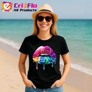 Tricou Buze femeie cu trandafir roz si stropi mov, Lip gloss, Copii | Dama, culoare negru - Img 11