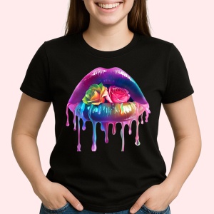 Tricou Buze femeie curcubeu cu trandafir galben, Lip gloss, Copii | Dama, culoare negru