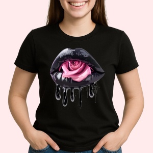 Tricou Buze femeie negre cu doi trandafiri roz inchis, Lip gloss, Copii | Dama, culoare negru - Img 3