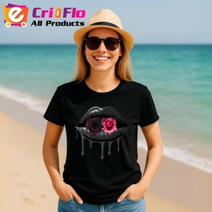 Tricou Buze femeie negre cu trandafir roz si negru, Lip gloss, Copii | Dama, culoare negru - Img 5
