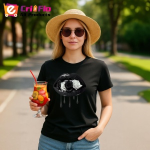 Tricou Buze femeie negre cu trandafir roz si negru, Lip gloss, Copii | Dama, culoare negru - Img 8