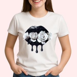 Tricou Buze femeie negre cu trandafiri albi, Lip gloss, Copii | Dama