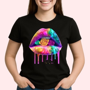 Tricou Buze femeie pictate cu trandafir multicolor, Lip gloss, Copii | Dama, culoare negru