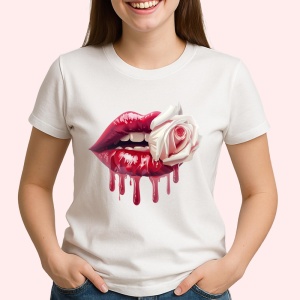 Tricou Buze femeie rosii cu trandafir alb contrastant, Lip gloss, Copii | Dama - Img 3