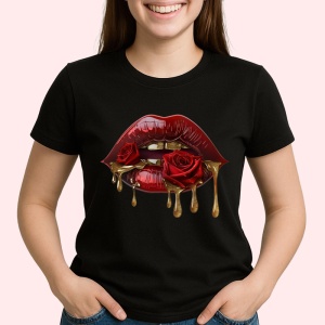 Tricou Buze femeie rosu inchis cu trandafir alb cremos, Lip gloss, Copii | Dama, culoare negru - Img 2