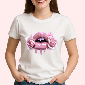 Tricou Buze femeie roz intens cu trandafir rosu si roz, Lip gloss, Copii | Dama - Img 2
