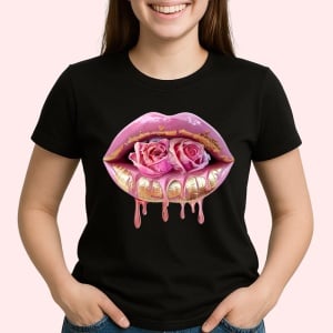 Tricou Buze femeie roz intens cu trandafir rosu si roz, Lip gloss, Copii | Dama, culoare negru - Img 3