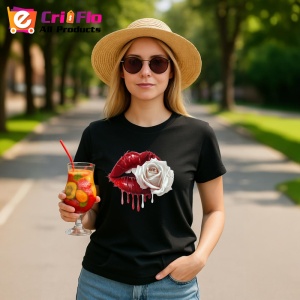 Tricou Buze femeie roz si auriu cu trandafiri roz pal, Lip gloss, Copii | Dama, culoare negru - Img 9