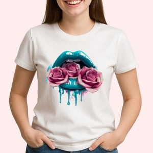 Tricou Buze femeie turcoaz cu 3 trandafiri roz pal, Lip gloss, Copii | Dama