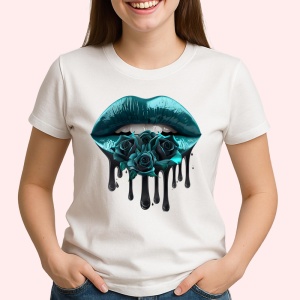 Tricou Buze femeie turcoaz inchis cu trandafiri albastri, Lip gloss, Copii | Dama
