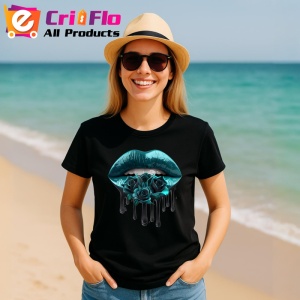 Tricou Buze femeie turcoaz inchis cu trandafiri albastri, Lip gloss, Copii | Dama, culoare negru - Img 5