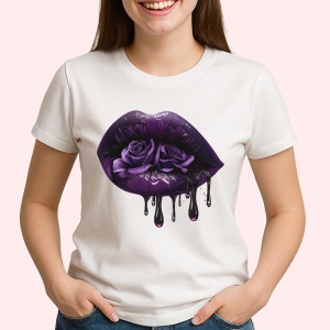 Tricou Buze femeie violet cu trandafiri roz si mov, Lip gloss, Copii | Dama - Img 2
