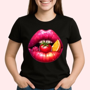 Tricou Buze femeie violet cu trandafiri roz si mov, Lip gloss, Copii | Dama, culoare negru - Img 3