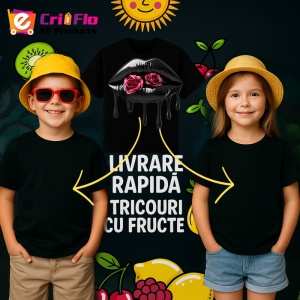 Tricou Buze negre cu doi trandafiri rosii, Lip gloss, Copii | Dama, culoare negru - Img 7