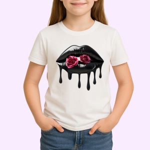 Tricou Buze negre cu doi trandafiri rosii, Lip gloss, Copii | Dama