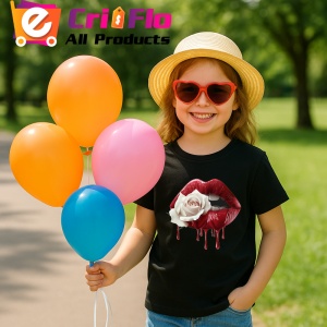 Tricou Buze pastel cu trandafir violet, Lip gloss, Copii | Dama, culoare negru - Img 15