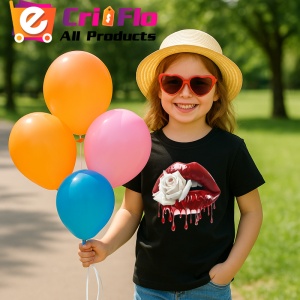 Tricou Buze rosii cu trandafir alb contrastant, Lip gloss, Copii | Dama, culoare negru - Img 9
