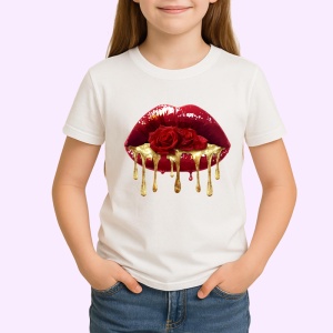 Tricou Buze rosii cu trandafiri si scurgere aurie, Lip gloss, Copii | Dama