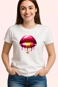 Tricou Buze rosii lucioase cu efect lichid fundal alb Copii | Dama | Barbat - Img 3