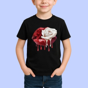 Tricou Buze rosu cu trandafir roz si lumina delicata, Lip gloss, Copii | Dama, culoare negru - Img 2