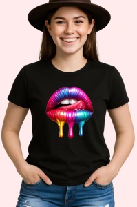 Tricou Buze roz mov cu efect lichid lucios fundal alb Copii | Dama | Barbat, culoare negru - Img 3
