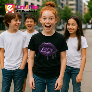 Tricou Buze violet cu trandafiri roz si mov, Lip gloss, Copii | Dama, culoare negru - Img 11