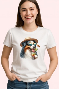 Tricou caine australian shepherd palarie ochelari cocktail galben, Copii | Dama | Barbat - Img 2