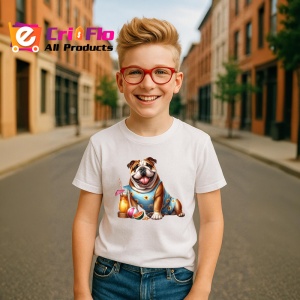 Tricou caine bulldog englez cocktail vara flori pepene, Copii | Dama | Barbat - Img 7