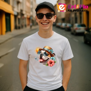 Tricou caine bulldog englez palarie flori cocktail soare, Copii | Dama | Barbat - Img 5