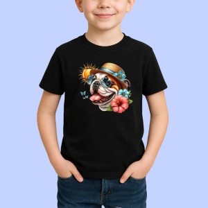 Tricou Caine bulldog englez palarie flori cocktail soare, Copii | Dama | Barbat , tricou negru - Img 2