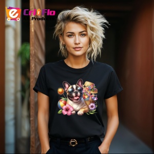 Tricou Caine bulldog francez ochelari plaja flori cocktail, Copii | Dama | Barbat , tricou negru - Img 8