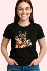 Tricou Caine ciobanesc cocktail portocala vara relaxare, Copii | Dama | Barbat , tricou negru