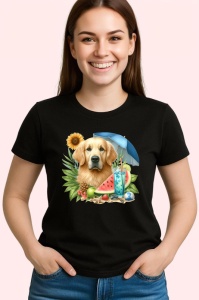 Tricou Caine golden retriever umbrela fructe vara cocktail, Copii | Dama | Barbat , tricou negru - Img 3