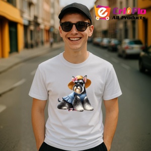 Tricou caine schnauzer palarie paie camasa albastra vara, Copii | Dama | Barbat - Img 6