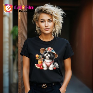 Tricou Caine shih tzu palarie floare cocktail pepene vara, Copii | Dama | Barbat , tricou negru - Img 8