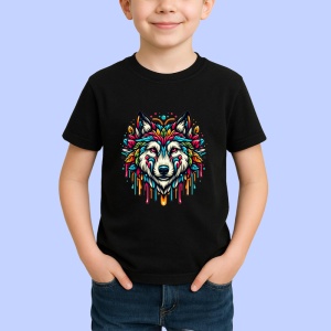 Tricou Cap de lup cu inima si flori stil modern Copii | Dama | Barbat, culoare negru - Img 4