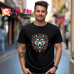 Tricou Cap de lup cu inima si flori stil modern Copii | Dama | Barbat, culoare negru - Img 6