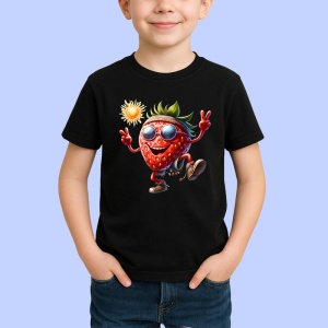 Tricou Capsuna amuzanta de vara dansator in soare, Fructe, Copii | Dama, culoare negru
