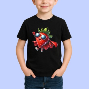 Tricou Capsuna amuzanta de vara super erou, Fructe, Copii | Dama, culoare negru