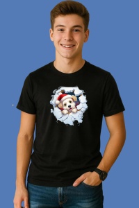 Tricou Catel Cu Caciula Rosie Si Fundal Alb Craciun, din bumbac 100% Copii | Dama | Barbat