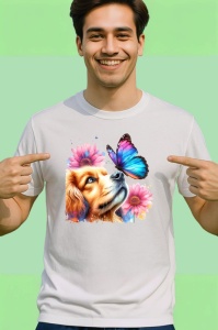 Tricou Cavalier King Charles Spaniel cu fluture violet si margarete Copii | Dama | Barbat Barbat - Img 2