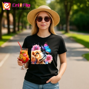 Tricou Cavalier King Charles Spaniel cu fluture violet si margarete Copii | Dama | Barbat, negru