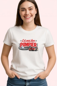 Tricou Cel Mai Bun Pompier Masina Interventie V1, din bumbac 100% , tricou alb pentru Dama | Barbat